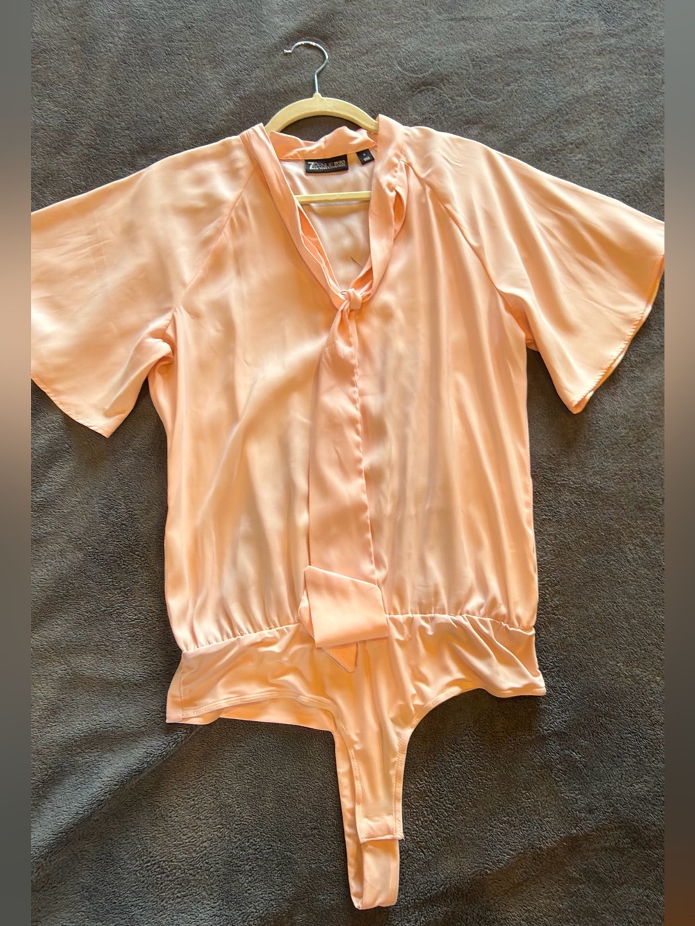 New York & Company Peach Satin Tie-Neck Bodysuit